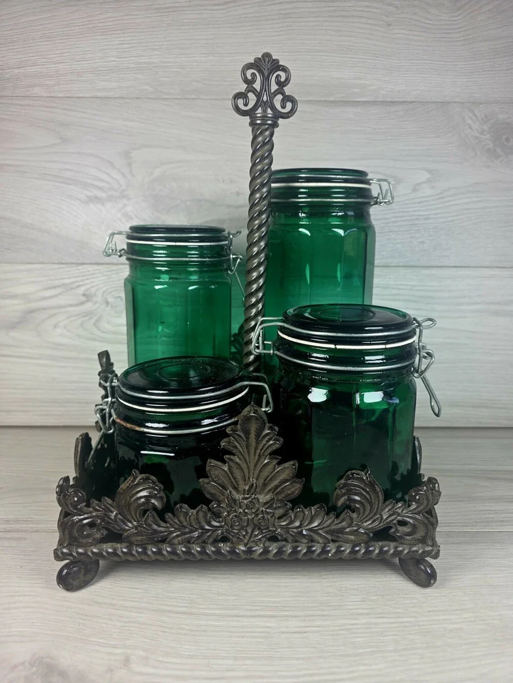 Vtg Godinger Canister Caddy Carrier 4 Emerald Green Glass Jars Kitchen Rare g16